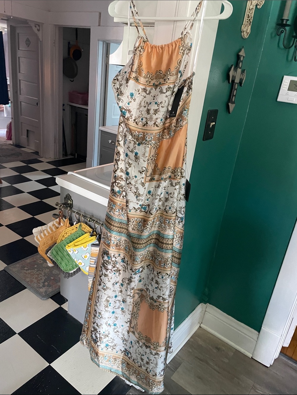 Lulus Cream, Tan & Teal Patchwork Floral Maxi Slip Dress